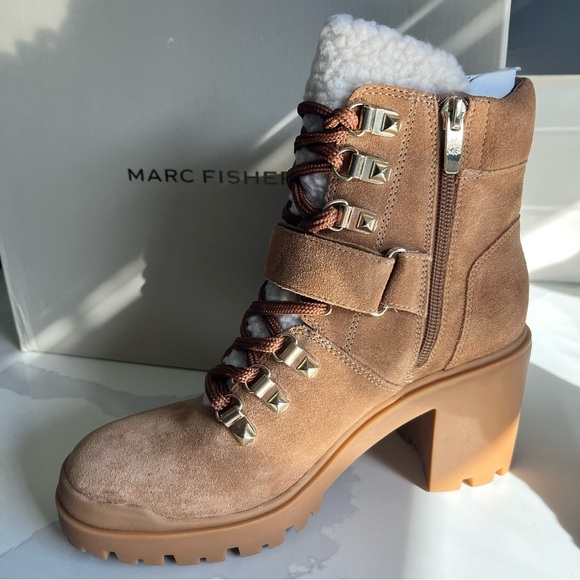 Marc Fisher Nature Suede Sherpa Trim Lug Sole Hiker Booties Sz 7.5 Med BNWB - Picture 8 of 15